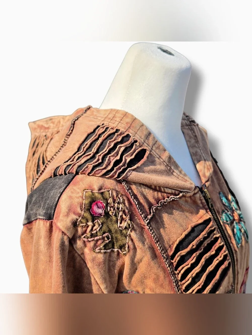 Rising International Vintage Patchwork Boho Floral Zip-Up Hooded Jacket XLarge